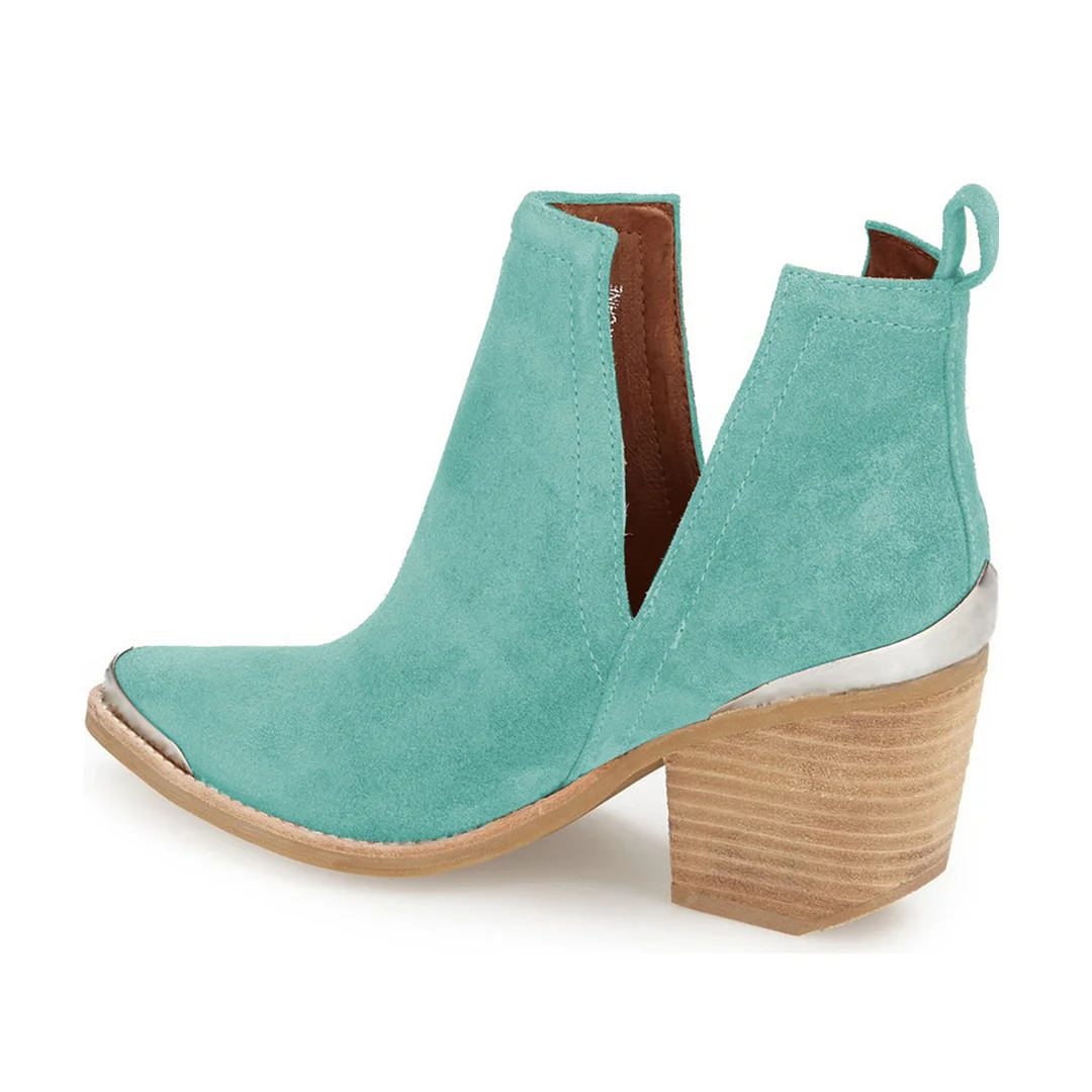 Turquoise Faux Suede Metallic Pointed Toe Ankle Boots with Block Heel