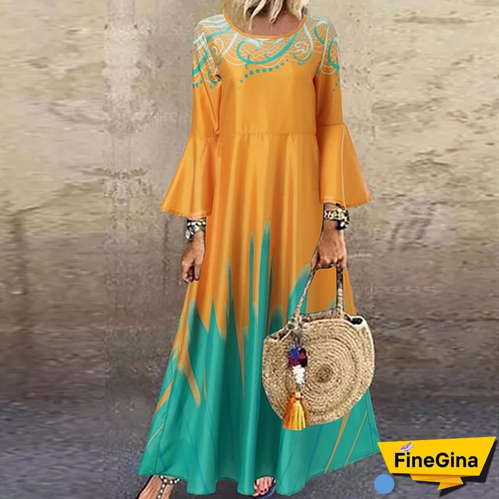 Women Kaftan Party Color Printed Long Shirt Dress Casual Flare Sleeve O Neck Slim Maxi Sundress