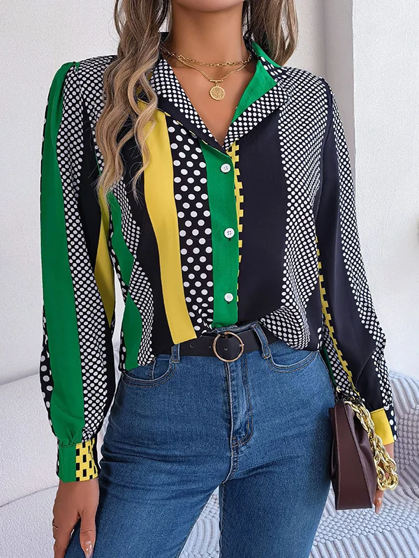 Polka-Dot Contrast Color Buttoned Long Sleeves Notched Collar Blouses&Shirts Tops