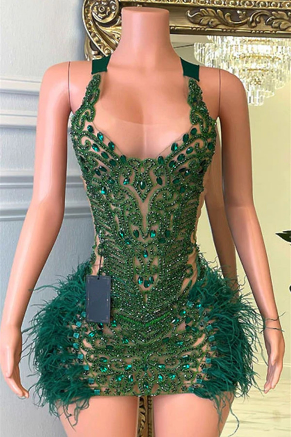 Bellasprom Emerald Green Sleeveless Short Prom Dress WIth Beadings Crystal Feathers Bellasprom
