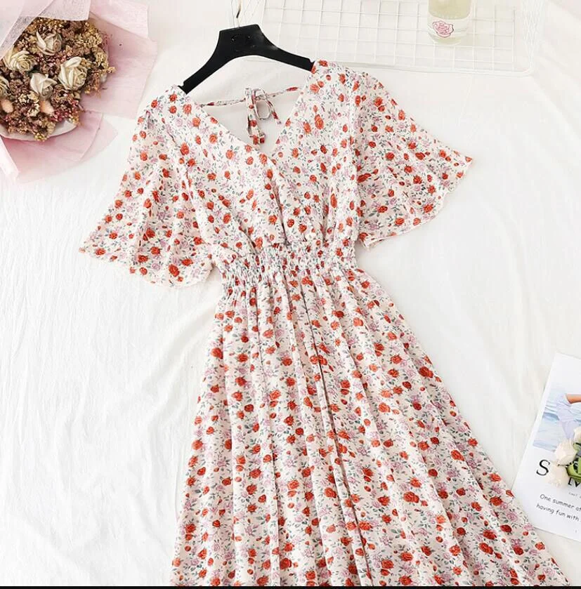 Summer Vintage Floral Chiffon Long Dress Sexy V-neck Ruffle Boho Dresses 2021 Elegant Women Party Short sleeve Dress Vestidos