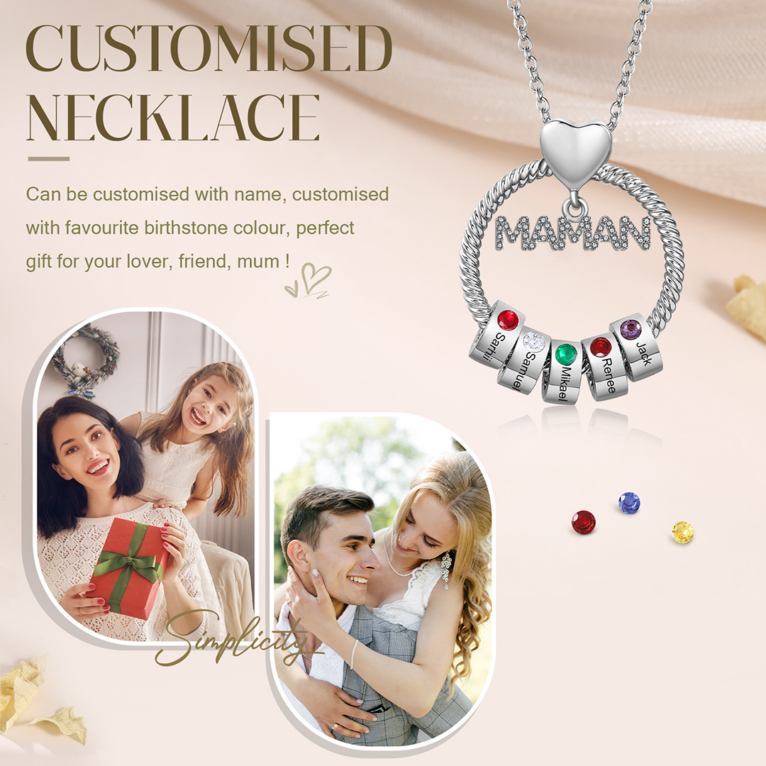 À ma Maman - Collier Pendentif 5 Prénoms Personnalisés avec Pierre de naissance