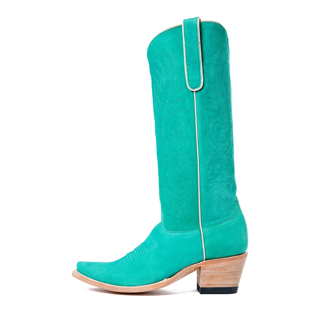 YDN Embroidered Chunky Heel Cowboy Boots for Women in Turquoise