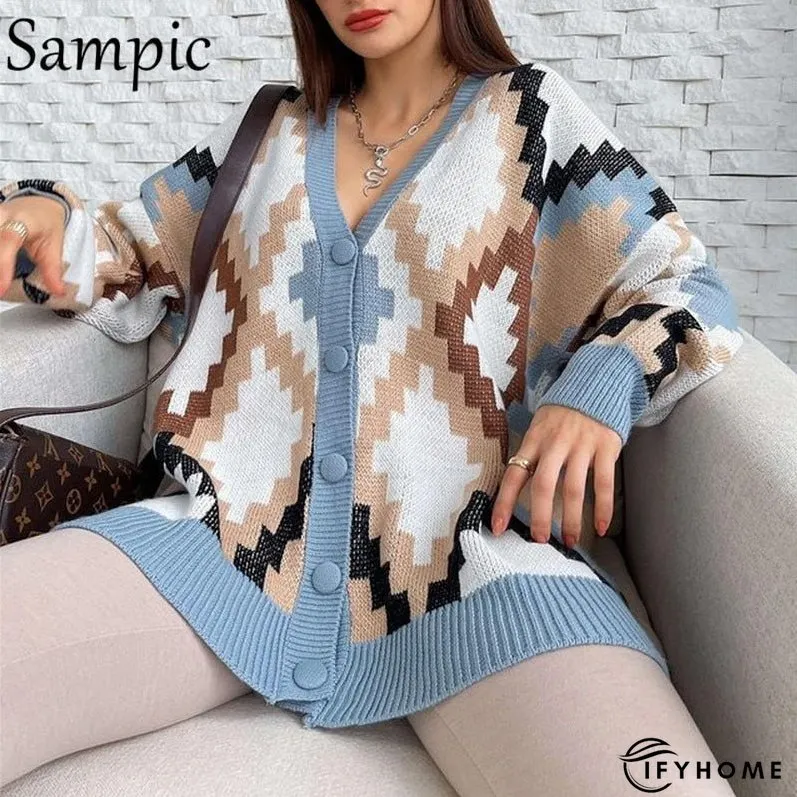 Christmas Gift Sampic Loose Patchwork Knitwear Winter Women Cardigans Tops Oversized Long | IFYHOME