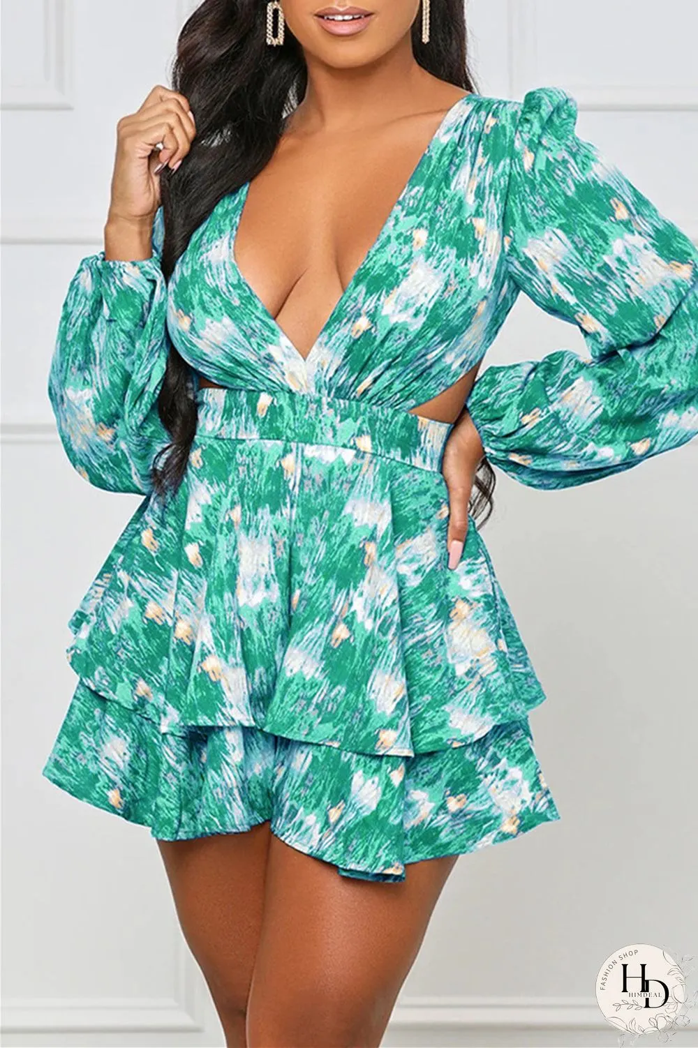 Purplish Blue Fashion Casual Print Hollowed Out V Neck Long Sleeve Dresses