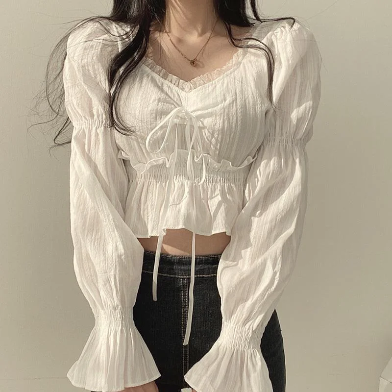 Peneran Back to School Sweet Women Blouses Cute Elegant Korean Fashion Puff Long Sleeve Shirt White Black Lace Top Vintage Cropped Female Chic