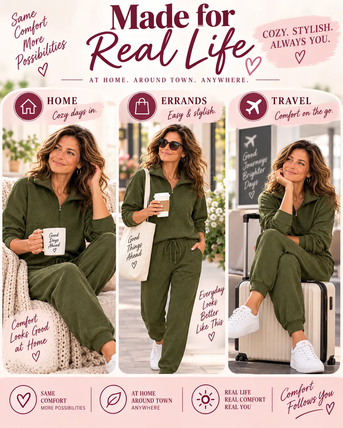 Women's two piece sweatsuit for home errands and travel