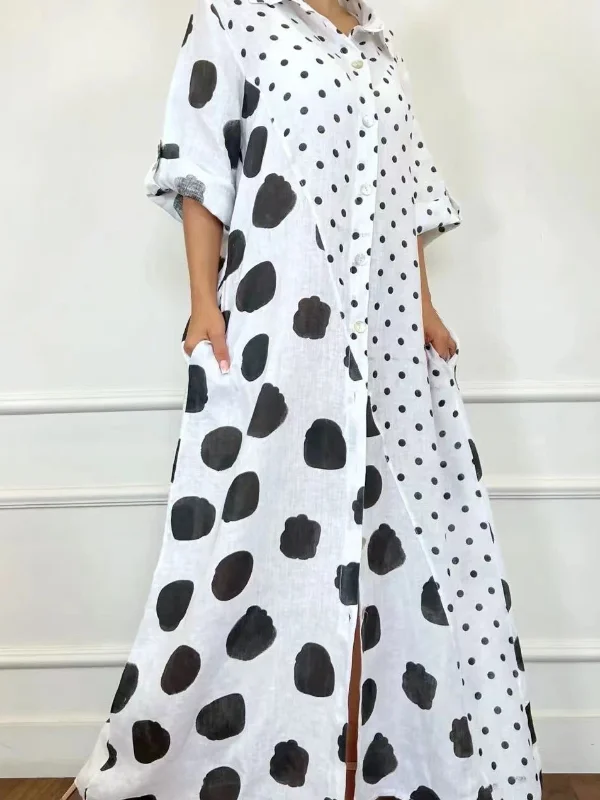 Loose Polka Dot Shirt Maxi Dress - yankia