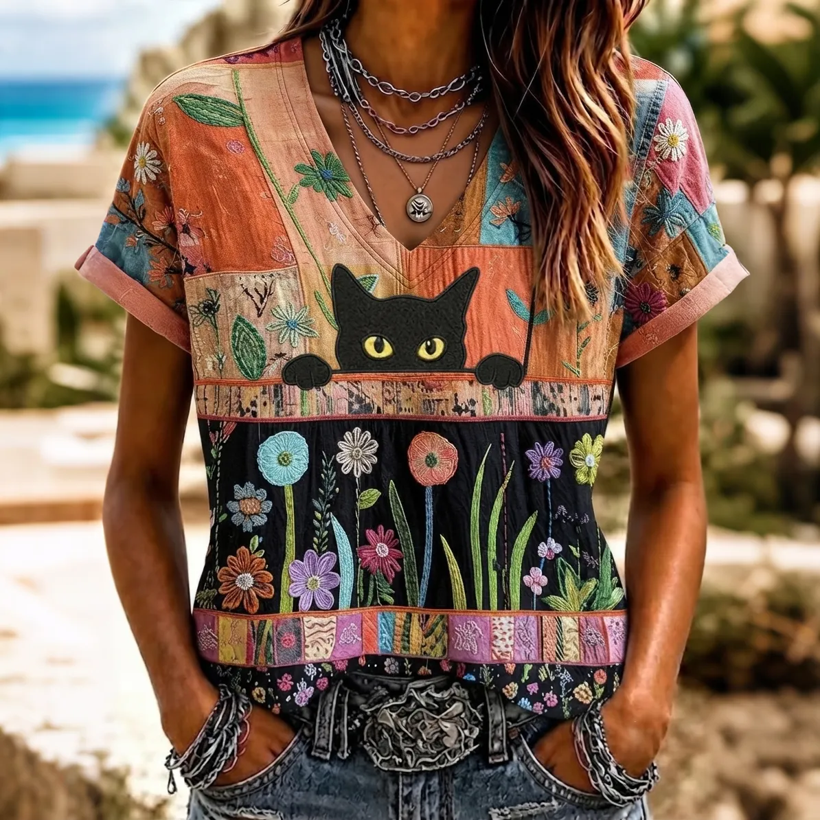 Women's Hippie Cute Cat In Patchwork Art Embroidered Linen Blend V Neck Tshirt elevenforest