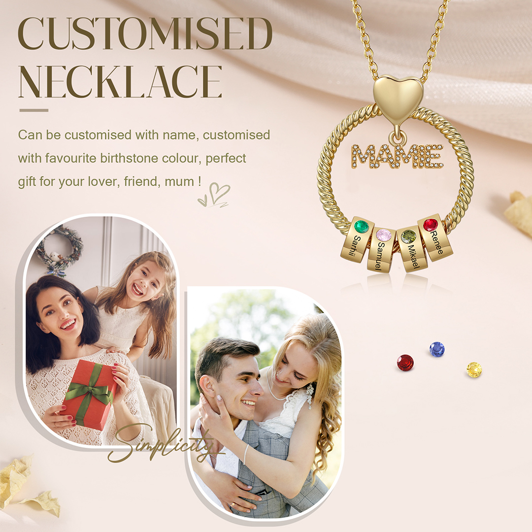 À ma Mamie - Collier Personnalisé Pendentif 4 Prénoms et Pierre de naissance Or/Argent｜Jessemade