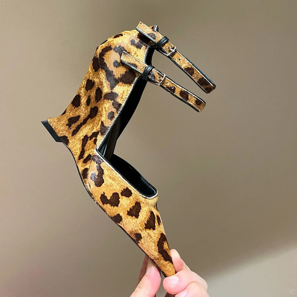 GOOSHOE Women's Pointed Toe Double Ankle Straps Sandals Patent Leopard Shoes High Wedge Heels Dress Pumps