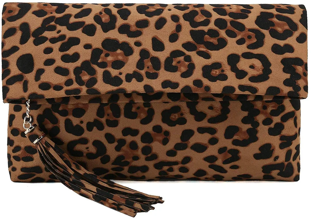 Leopard Clutch Bag for Women Tassel Foldover Clutch Faux Suede Dressy Purse for Day to Evening