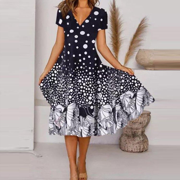 Elegant Print Short Sleeve Midi Dress