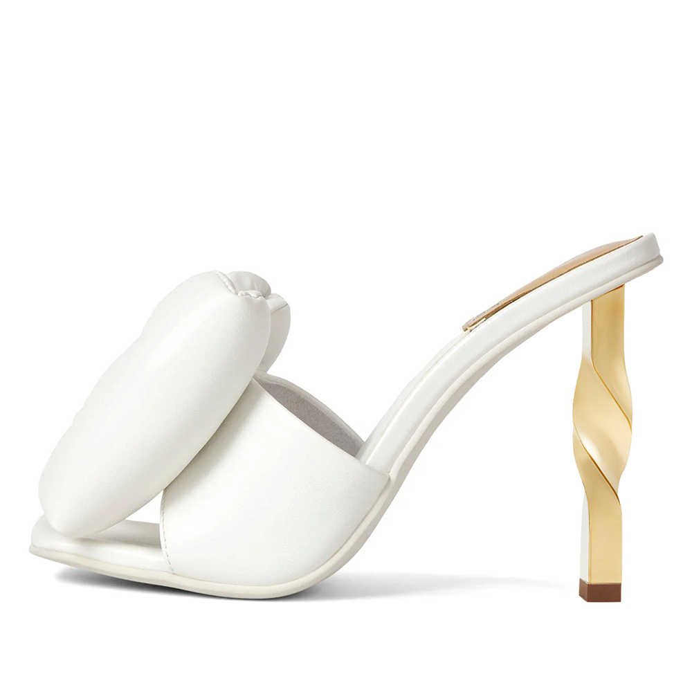 White Leather Opened Toe Bow Mules With Decorative Heels