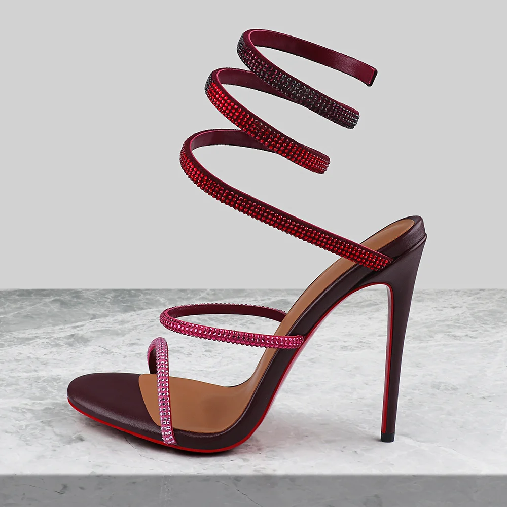 120mm/4.72 Inch Women's Spiral Strappy Sandals Rhinestone Red Bottom Heels Pull-on Sexy Stilettos Wine High Heels