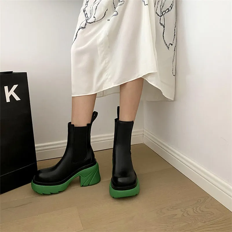 Meotina INS Genuine Leather Ankle Boots Shoes Women Platform Super High Thick Heel Boot Slip On Round Toe Lady Short Boots 42
