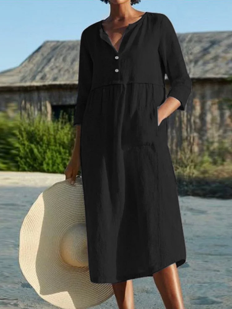 Women Casual Plain Short Sleeve Linen Dress