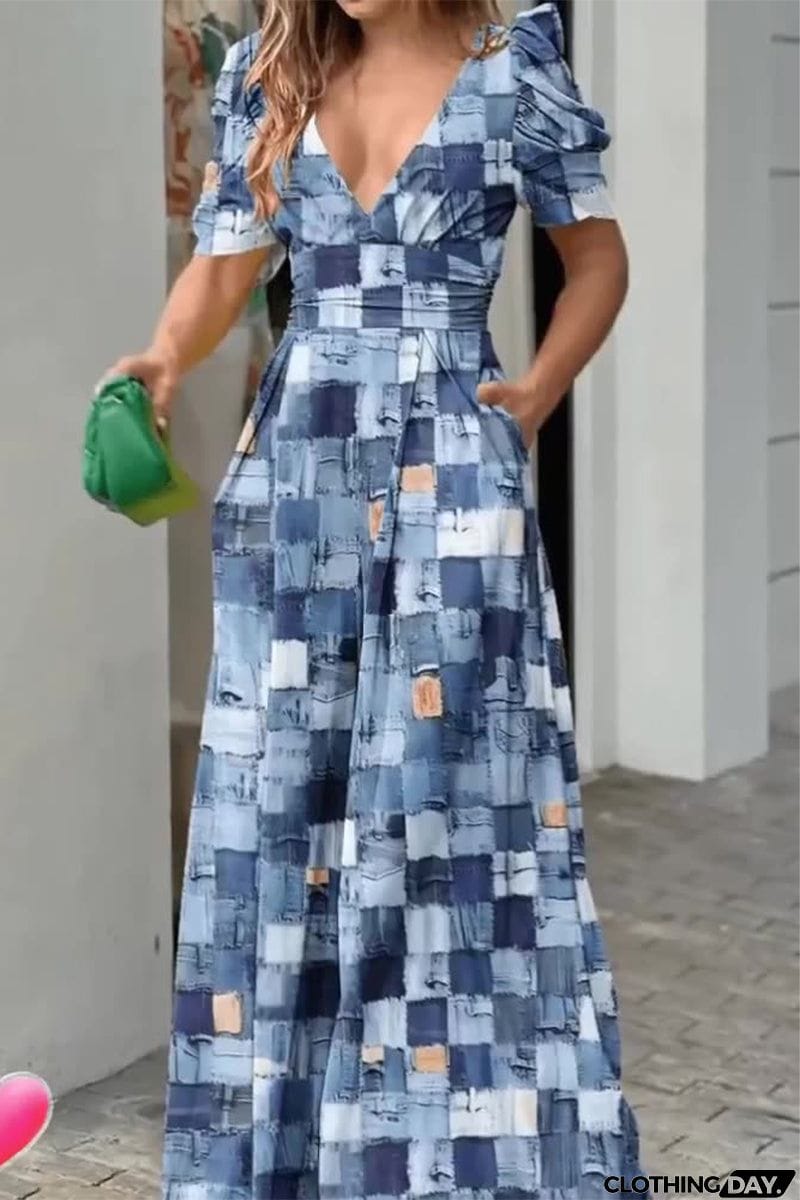 Casual Street Print V Neck Loose Jumpsuits