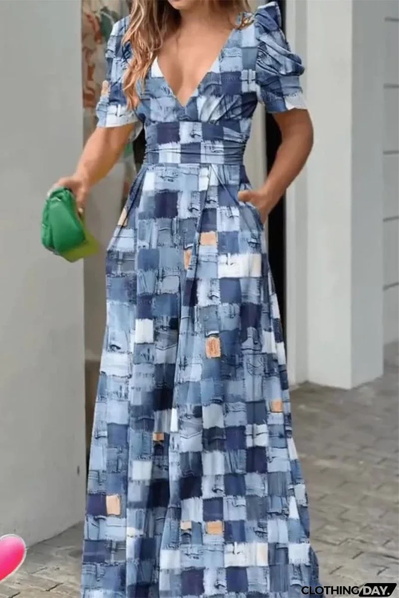 Casual Street Print V Neck Loose Jumpsuits
