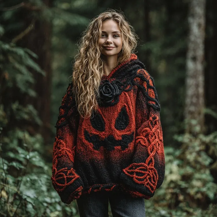 Women's Halloween Spooky Face Celtic Gradient Art Cozy Knitted Hooded Sweater
