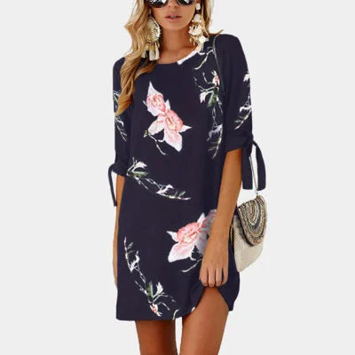 Mid-sleeve printed lace-up crew neck dress