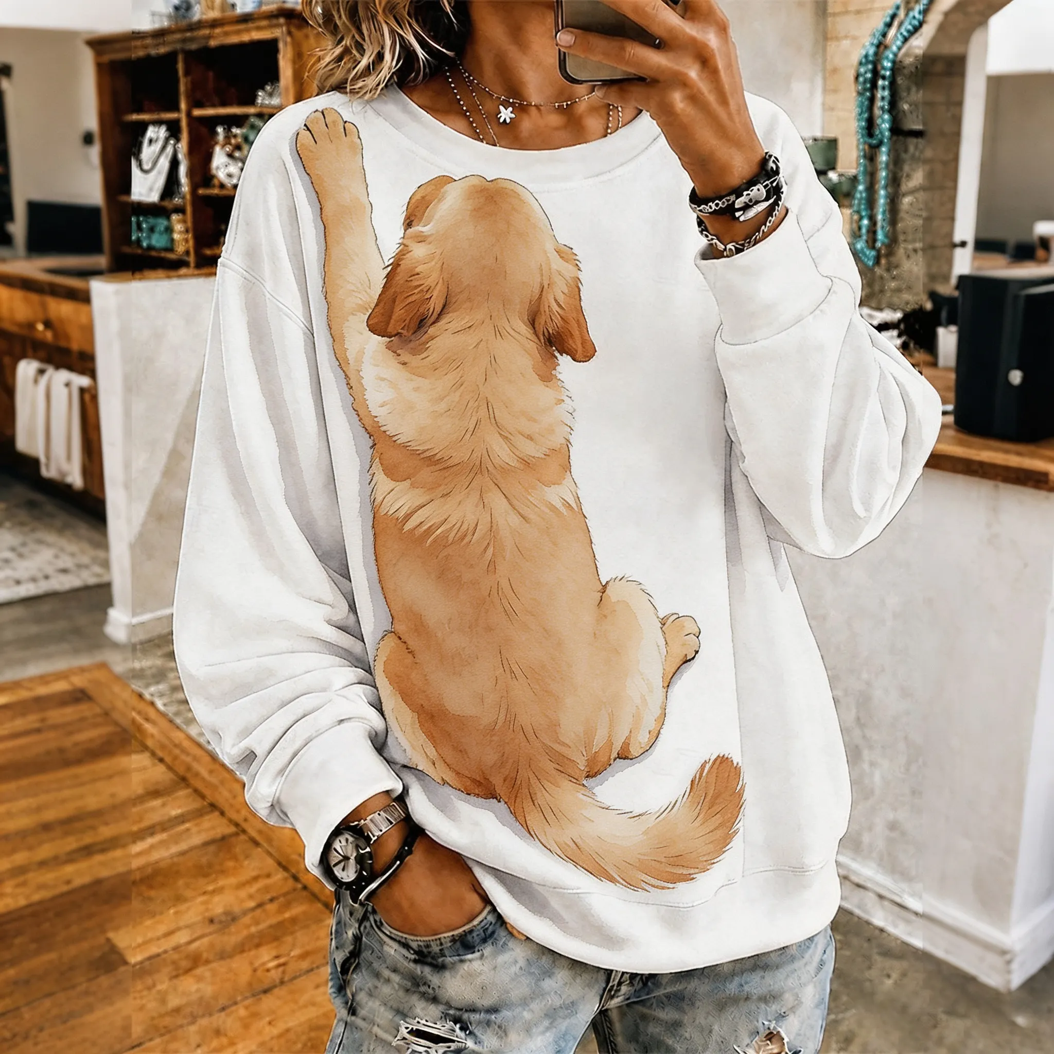 Comstylish Women&rsquo;s Cute 3d 3d Hugging Golden Retriever Puppy Print Crewneck Sweatshirt