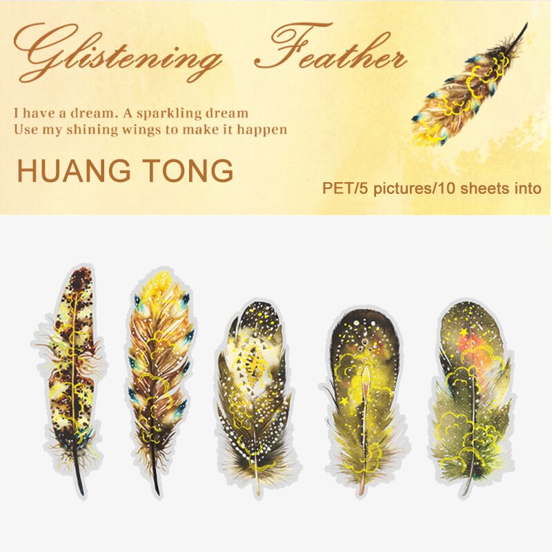 JOURNALSAY 10 Pcs Creative Large Size Bronzing Feather PET Stickers DIY Journal Scrapbooking