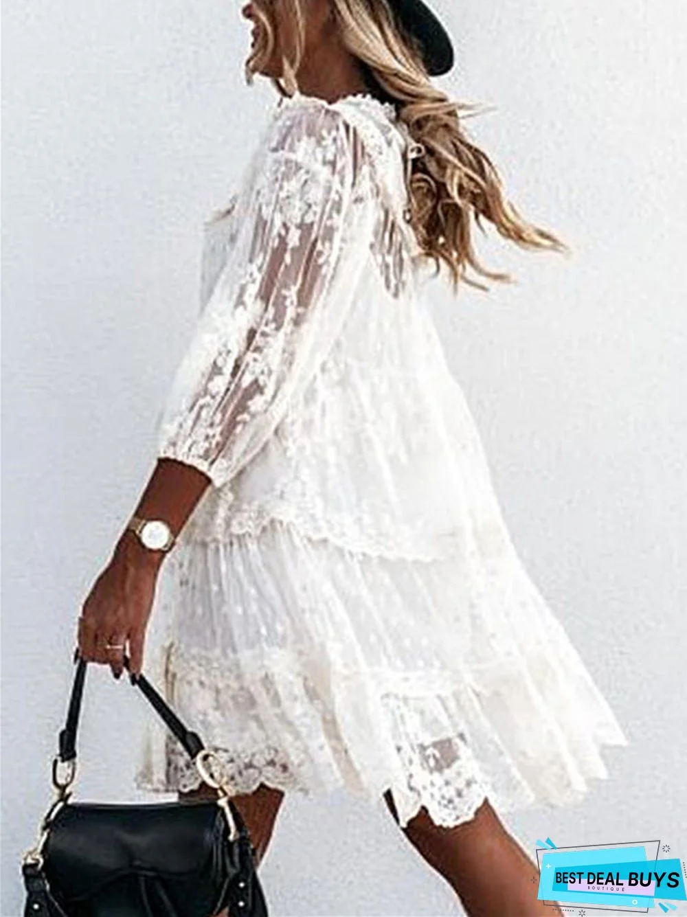 Spring and Summer Solid Lace Patchwork Lace 3 / 4 Sleeve Medium Length Dress