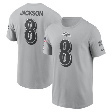 Men's Baltimore Ravens Lamar Jackson  Gray 2024 Salute To Service Name &amp; Number T-Shirt