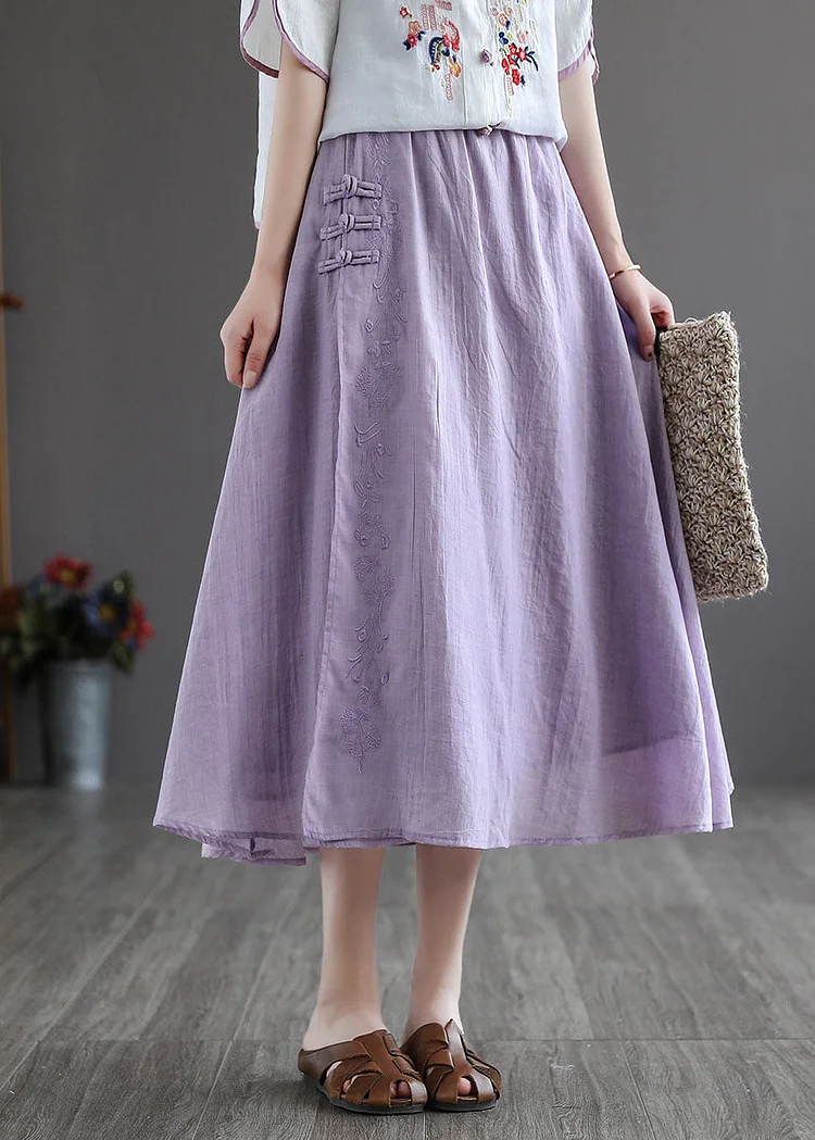 Vintage Purple Elastic Waist Embroideried Linen Skirt Spring