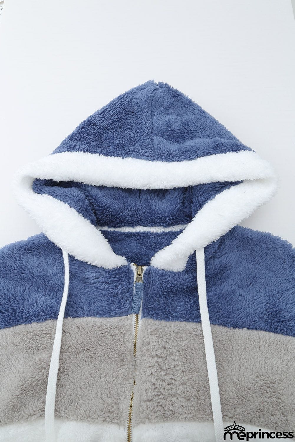Colorblock Zip Up Sherpa Coat with Hooded