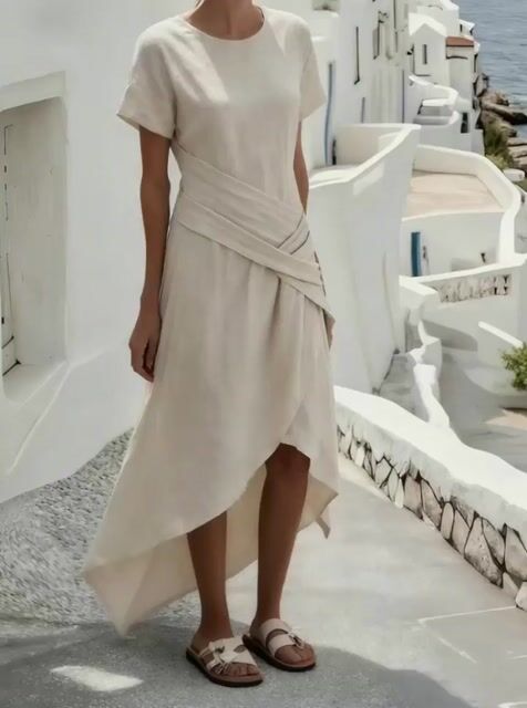 Women's Summer Round Neck Irregular Pleated Dress 