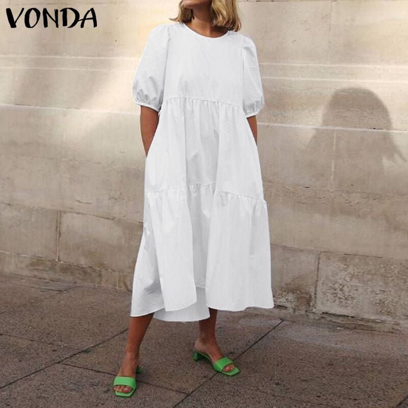 Mid-Calf Dress 2022 VONDA Woman Summer O Neck Short Lantern Sleeve Dresses Bohemian Party Vestidos Femme Mid-Calf Length Robes