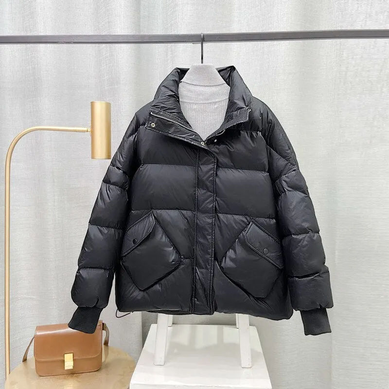 Ailegogo Autumn Winter Women 90% White Duck Down Short Jacket Casual Female Stand Collar Pocket Down Coat Warm Snow Outwear