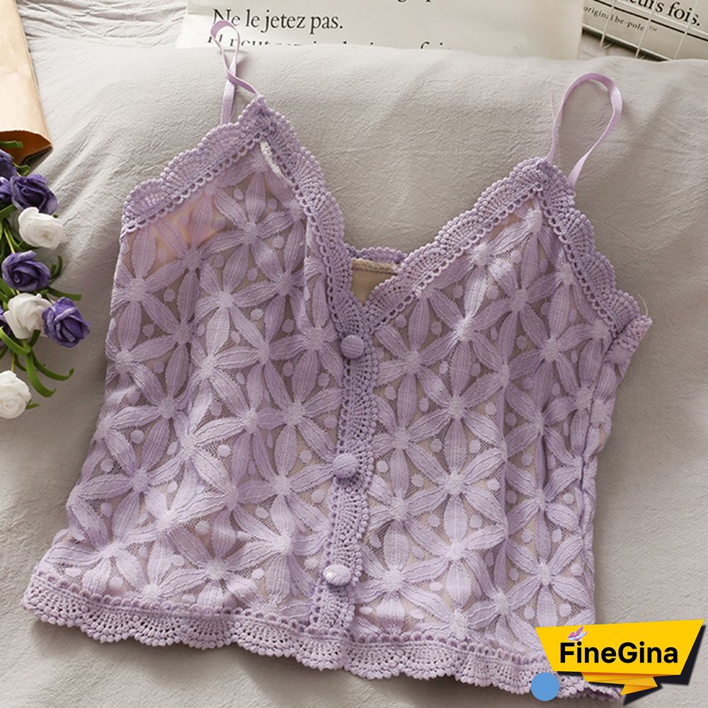 Korean Sling Camisoles Women Clothes Hollow Lace Stitching Dot Print Crop Tops Button Stitching Skinny Tank Top Female Camis