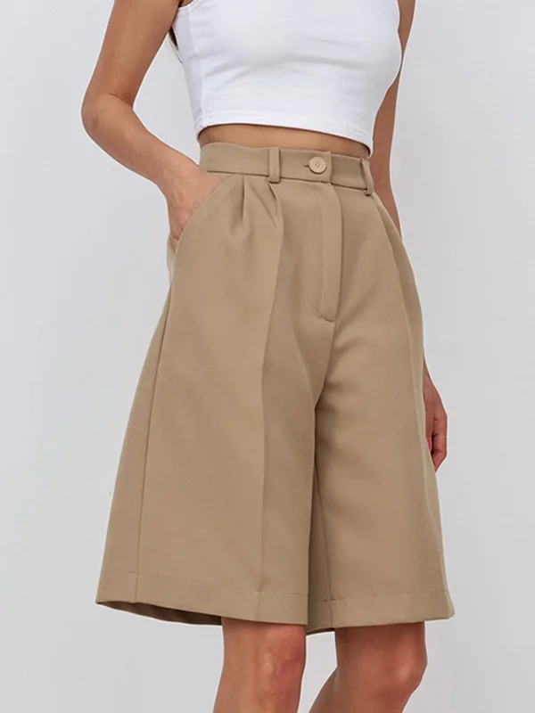 Pleated Solid Color Split-Joint High Waisted Loose Shorts Bottoms Half Pants