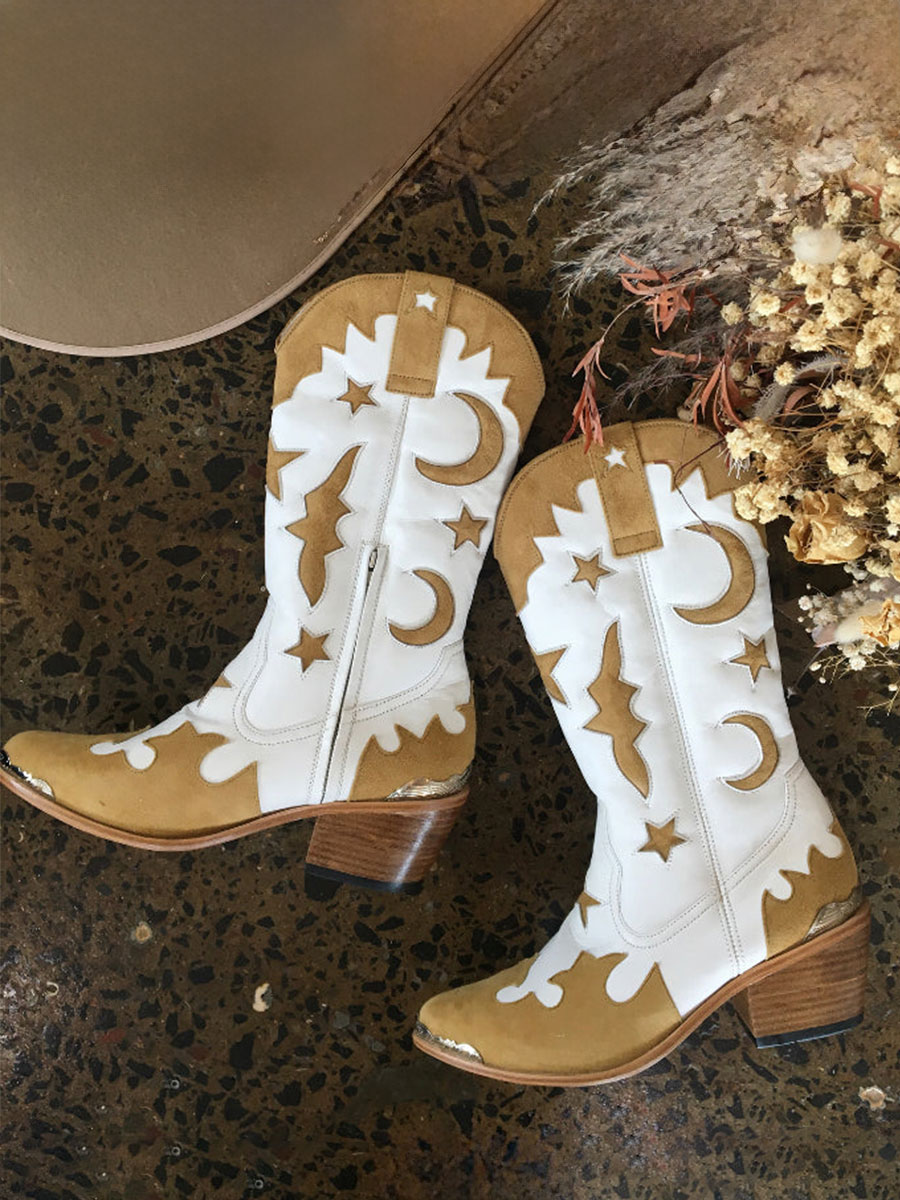 White and Tan Chunky Heel Mid-Calf Cowgirl Boots with Metal Accents