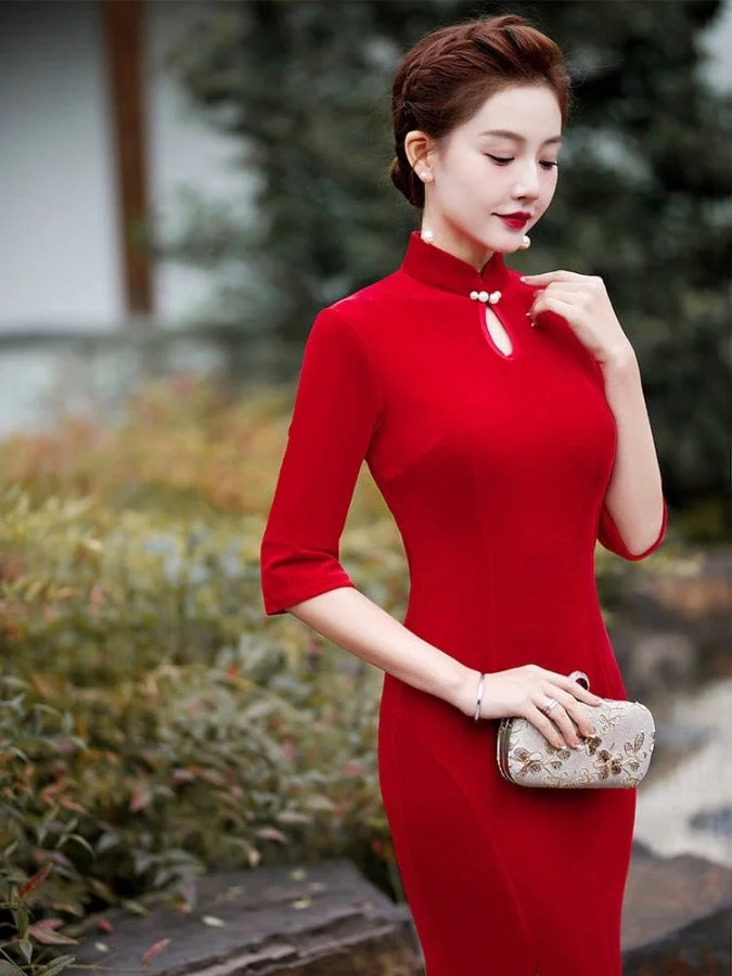 Qipao for event, velvet material, fish tail full length Qipao