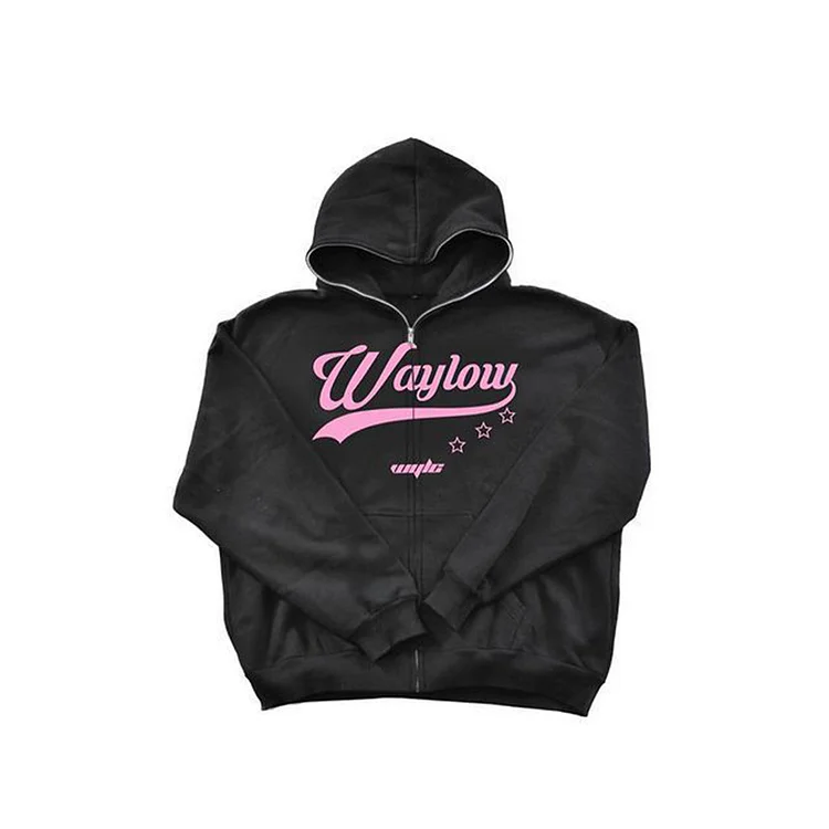 Y2k Star Letter Print Full Zip Up Hoodie Loose Gothic Jacket Coats at Hiphopee