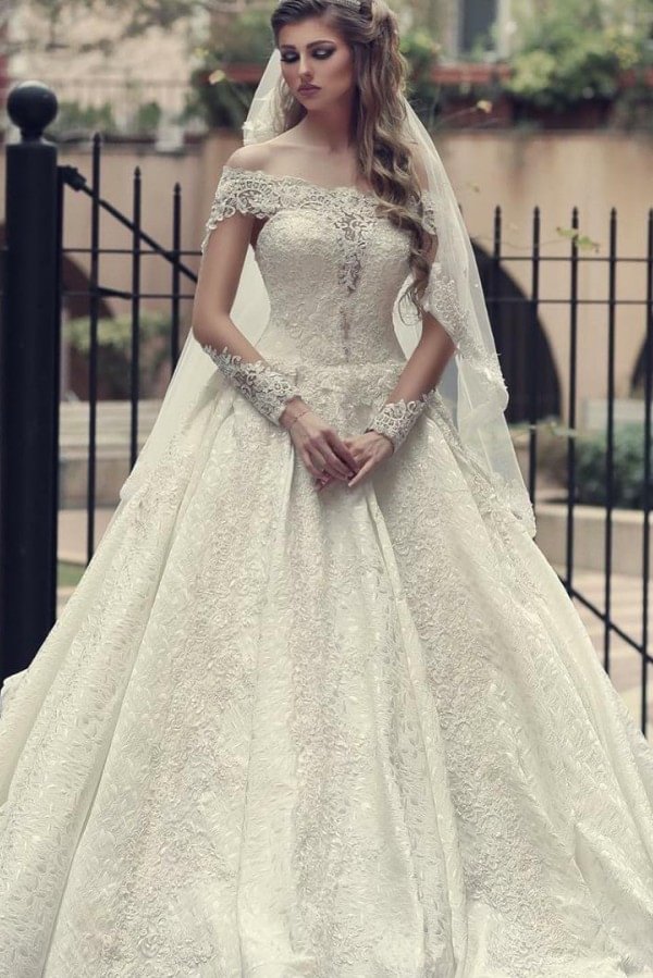 Daisda Elegant A-Line Off-the-Shoulder Long Sleeves Wedding Dress ...