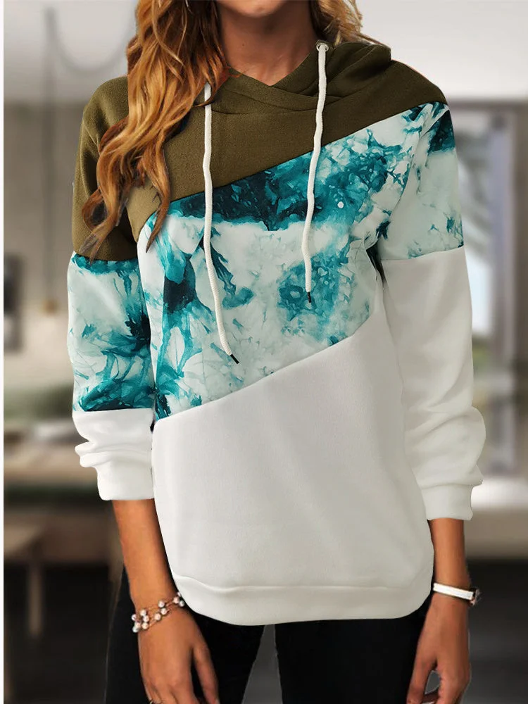 Women Long Sleeve Hooded Printed Colorblock Sweatshirts Top