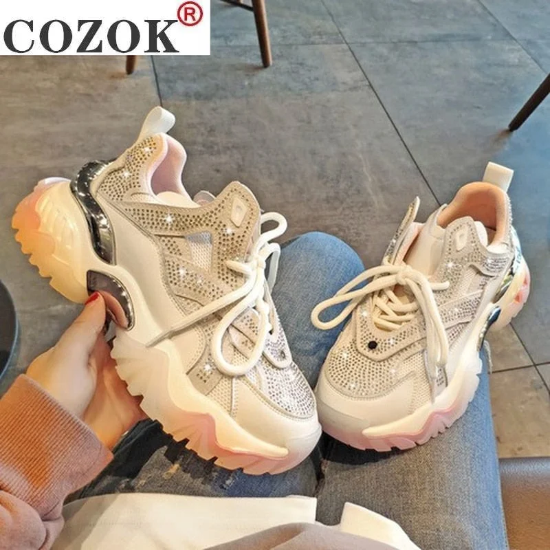 2021 Women's Shoes Comfortable Breathable Mesh Rhinestone Casual Shoes Spring Women's Lace-up Non-slip Wear-resistant Sneakers