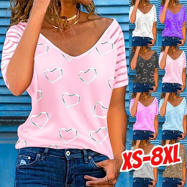 XS-8XL Spring Summer Tops Plus Size Fashion Clothes Women's Casual Short Sleeve Tee Shirts Heart Printed Striped Tops Ladies Deep V-neck Blouses Looset-shirts Cotton Pullover T-shirts - Shop Trendy Women's Fashion | TeeYours