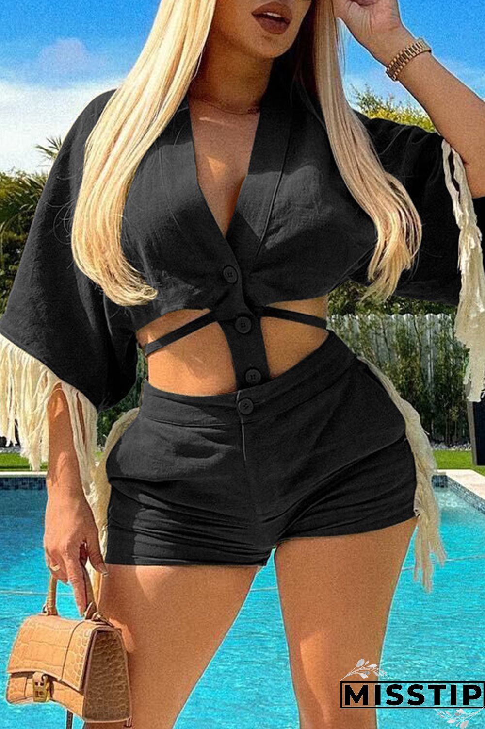 Ink Green Casual Solid Tassel Patchwork V Neck Half Sleeve Two Pieces