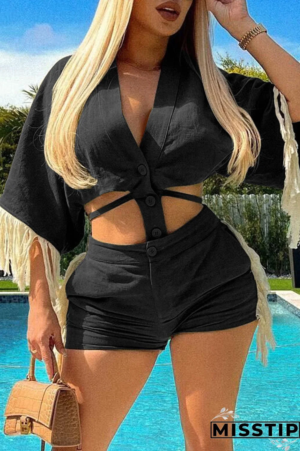 Ink Green Casual Solid Tassel Patchwork V Neck Half Sleeve Two Pieces