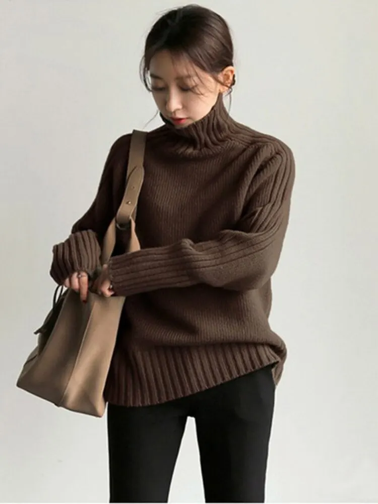 Fashion Tops Women Autumn Winter New Long Sleeve High Collar Knitted Sweater Loose