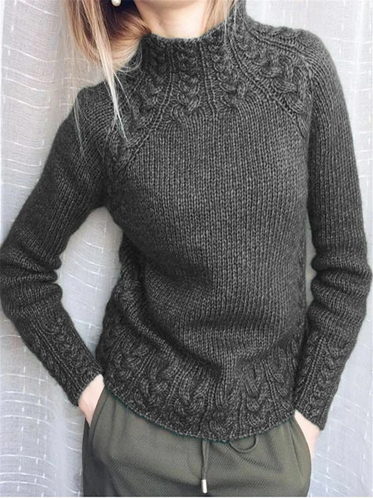 Women's Sweaters Solid Turtleneck Linen Pattern Black Knit Sweater