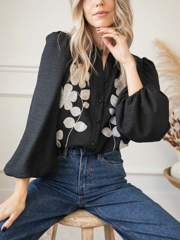 Puff Long Sleeve Flower Embroidery Shirt