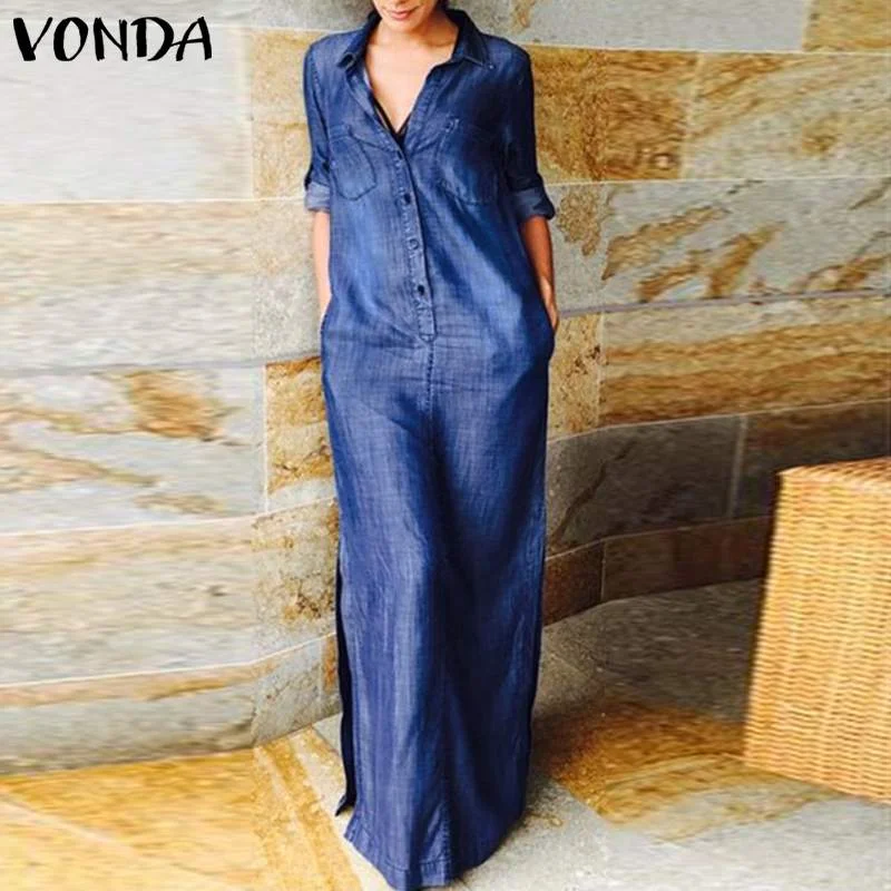 Demin Sundress 2022 Women Casual Turn Down Neck Long Sleeve Solid Dresses VONDA Loose Beach Sundress Bohemian Party Vestidos
