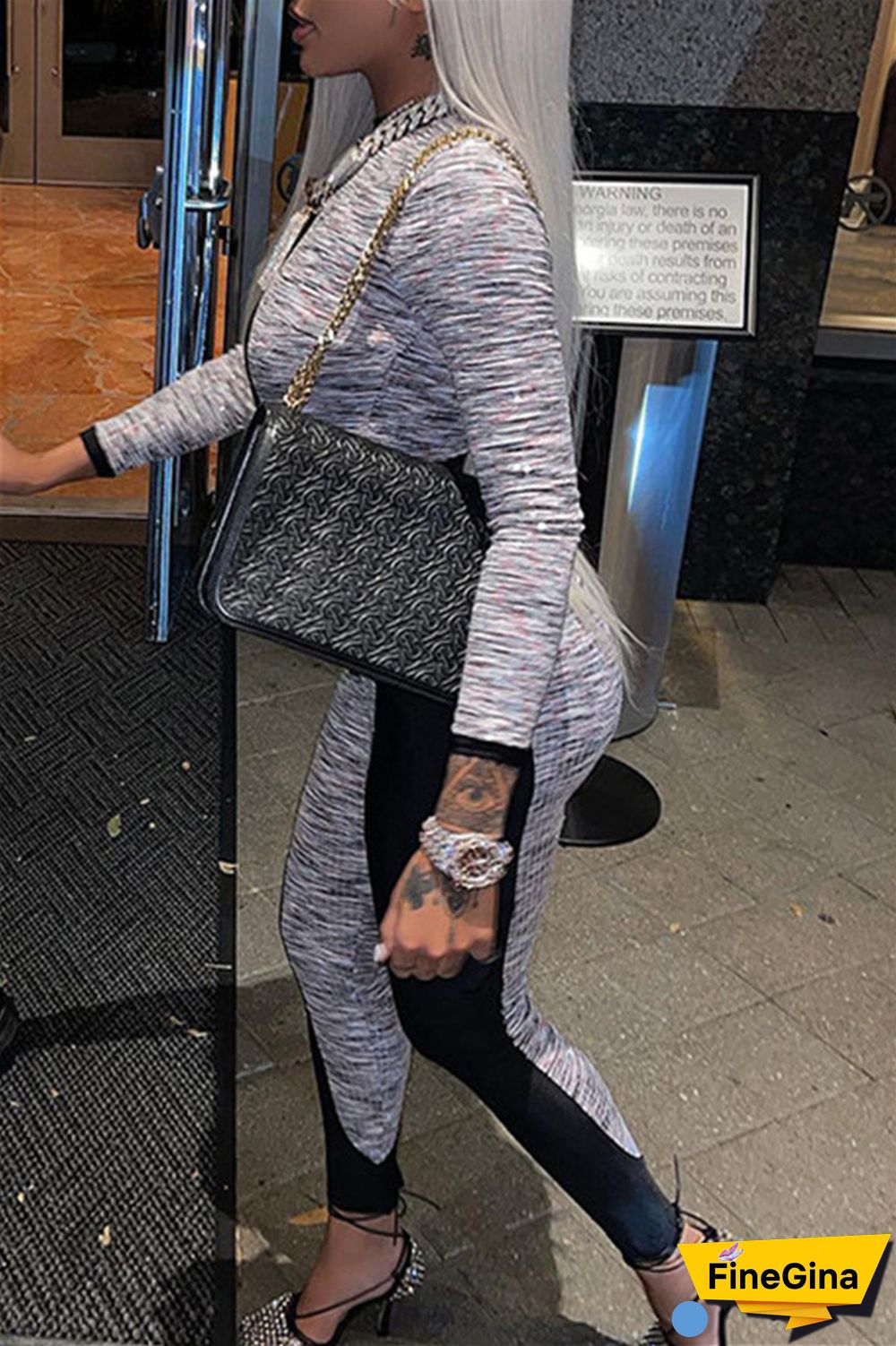 Grey Sexy Casual Patchwork Hollowed Out O Neck Long Sleeve Two Pieces